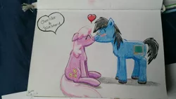 Size: 3264x1836 | Tagged: safe, artist:hilfigirl, derpibooru import, cheerilee, oc, oc:blueboard, earth pony, pony, canon x oc, love, nuzzling, sitting, teacher, traditional art