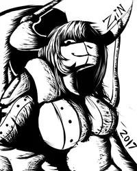 Size: 4000x5000 | Tagged: safe, artist:zintenka, derpibooru import, oc, unofficial characters only, minotaur, female, ink, inktober, looking at you, monochrome, paint tool sai, royalty, smiling, smirk, solo, stare