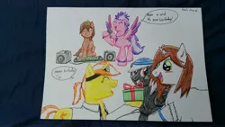 Size: 3264x1836 | Tagged: safe, artist:hilfigirl, derpibooru import, oc, oc:aescula, oc:mecurial keys, oc:redline, oc:tai, unofficial characters only, earth pony, pegasus, pony, unicorn, birthday gift, gift art, music, singer, text, traditional art