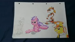 Size: 3264x1836 | Tagged: safe, artist:hilfigirl, derpibooru import, oc, oc:aescula, oc:blueboard, oc:pawprint, unnamed oc, unofficial characters only, earth pony, pegasus, pony, unicorn, collar, doctor, sketch, traditional art