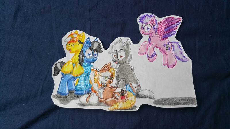 Size: 3264x1836 | Tagged: safe, artist:hilfigirl, derpibooru import, oc, oc:aescula, oc:blueboard, oc:pawprint, unnamed oc, unofficial characters only, pegasus, pony, unicorn, traditional art