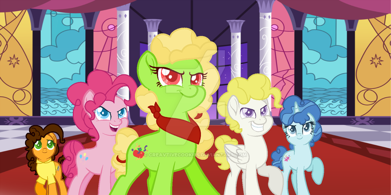 Size: 1024x512 | Tagged: safe, artist:creavtivecookies, derpibooru import, cheese sandwich, party favor, pinkie pie, surprise, oc, oc:apple celebrations, pony, base used, bubble berry, female, grilled cheese (r63), male, mare, movie accurate, pinata prize, rule 63, stallion, watermark