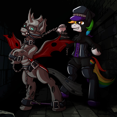 Size: 400x400 | Tagged: questionable, artist:xexus, derpibooru import, oc, oc:cloudburst, oc:rainbow heart, unofficial characters only, changeling, unicorn, bdsm, bondage, bridle, chains, changeling oc, collar, couple, crossdressing, gay, gay couple, gaydom, horn, leather, leather boots, leather straps, male, maledom, malesub, rainbow hair, red changeling, spreader bar, submissive, tack, wings