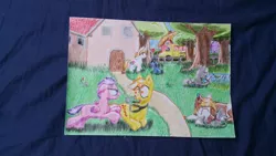 Size: 540x304 | Tagged: safe, artist:hilfigirl, derpibooru import, oc, oc:aescula, oc:blueboard, oc:endearing chalk, oc:pawprint, unnamed oc, unofficial characters only, dog, earth pony, pegasus, pony, unicorn, colt, female, filly, foal, lineart, male, outdoors, playing, school, school bus, school yard, teacher, traditional art, tree