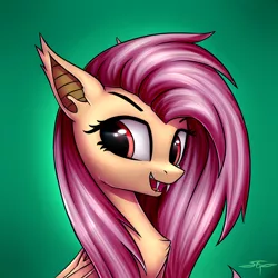 Size: 3000x3000 | Tagged: safe, artist:setharu, derpibooru import, fluttershy, bat pony, pony, bust, chest fluff, commission, ear fluff, fangs, female, flutterbat, folded wings, gradient background, looking sideways, mare, open mouth, portrait, race swap, red eyes, signature, smiling, solo