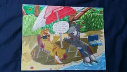 Size: 3264x1836 | Tagged: safe, artist:hilfigirl, derpibooru import, oc, oc:aescula, unnamed oc, unofficial characters only, beach, drink, magic, palm tree, sand, sunglasses, sunshine, text, traditional art, tree, water