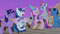 Size: 849x475 | Tagged: safe, derpibooru import, screencap, night light, princess cadance, princess flurry heart, shining armor, twilight sparkle, twilight sparkle (alicorn), twilight velvet, alicorn, pony, unicorn, once upon a zeppelin, airship, animated, family, female, filly, food, gif, ice cream, laughing, magic, male, mare, siblings, sparkle family, stallion, telekinesis, zeppelin