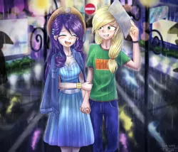 Size: 2100x1800 | Tagged: safe, artist:tcn1205, derpibooru import, applejack, rarity, human, accessory swap, city, clothes, dress, eyes closed, female, hat, holding hands, humanized, jeans, lesbian, light, light skin, pants, rain, rarijack, road, shipping, smiling, umbrella, wet