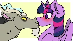 Size: 1024x576 | Tagged: safe, artist:slushshe, derpibooru import, discord, twilight sparkle, twilight sparkle (alicorn), alicorn, pony, blushing, discolight, female, kissing, male, shipping, straight