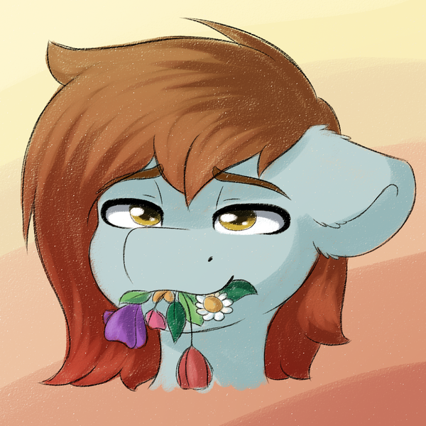 Size: 1000x1000 | Tagged: safe, artist:spirit-dude, derpibooru import, oc, oc:spirit rose, unofficial characters only, pony, abstract background, bust, ear fluff, eating, female, floppy ears, flower, flower in mouth, lidded eyes, mare, mouth hold, portrait, solo