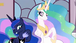 Size: 1366x768 | Tagged: derpibooru import, princess celestia, princess luna, raised hoof, royal sisters, safe, screencap, shadow play