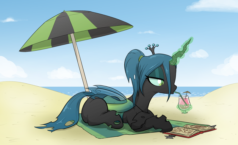 Size: 1150x700 | Tagged: safe, artist:shoutingisfun, derpibooru import, queen chrysalis, changeling, changeling queen, beach, beach towel, bedroom eyes, bendy straw, book, cheeselegs, cloud, cocktail umbrella, drinking, drinking straw, eyeshadow, female, folded wings, glowing horn, hair tie, horn, image, looking down, lying down, magic, magic aura, makeup, ocean, png, ponytail, prone, reading, sand, sipping, solo, straw, telekinesis, towel, umbrella, wings