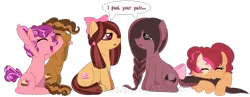 Size: 2017x780 | Tagged: safe, artist:ipandacakes, derpibooru import, oc, oc:chimi cherry cheesecake, oc:cupcake, oc:humor mimi pie, oc:jamboree sandwich, oc:peanut butter sandwich, unofficial characters only, earth pony, pony, pandoraverse, alternate universe, bow, brother and sister, crossover, female, hair bow, happy, interdimensional siblings, male, mare, next generation, nom, offspring, parent:cheese sandwich, parent:pinkie pie, parents:cheesepie, simple background, sisters, stallion, tail bow, tongue out, transparent background