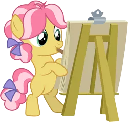 Size: 3124x3001 | Tagged: safe, artist:cloudyglow, derpibooru import, kettle corn, earth pony, pony, marks and recreation, bipedal, canvas, easel, female, filly, foal, mouth hold, painting, simple background, solo, transparent background, vector