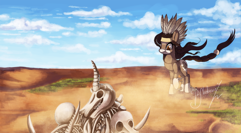 Size: 1531x850 | Tagged: safe, artist:shivannie, derpibooru import, oc, oc:aiyanna, unofficial characters only, earth pony, pony, bone, female, headdress, mare, skeleton, sky, solo