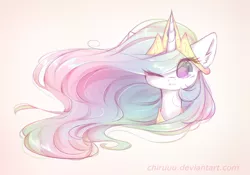 Size: 1024x718 | Tagged: safe, artist:chimeeri, derpibooru import, princess celestia, alicorn, pony, crown, female, jewelry, looking at you, mare, one eye closed, regalia, simple background, solo, wink