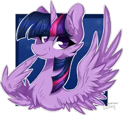 Size: 1069x1001 | Tagged: safe, artist:woonborg, derpibooru import, twilight sparkle, twilight sparkle (alicorn), alicorn, pony, bust, cheek fluff, chest fluff, ear fluff, female, looking away, mare, portrait, simple background, smiling, solo, spread wings, transparent background, wing hands, wings