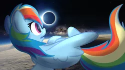 Size: 1024x576 | Tagged: safe, artist:littleblackraencloud, derpibooru import, rainbow dash, pegasus, pony, eclipse, female, floating, horizon, irl, mare, moon, open mouth, photo, planet, ponies in real life, rear view, sky, solar eclipse, solo, space, stars, sun