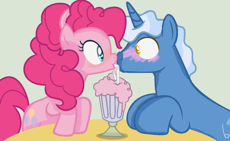 Size: 1024x630 | Tagged: safe, artist:mlplovergal18, derpibooru import, pinkie pie, pokey pierce, earth pony, pony, unicorn, base used, boop, eye contact, female, looking at each other, male, mare, milkshake, noseboop, pokeypie, sharing a drink, shipping, stallion, straight