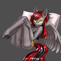 Size: 2000x2000 | Tagged: suggestive, artist:di-dash, derpibooru import, oc, oc:tomoko tanue, unofficial characters only, anthro, bat pony, pegasus, unguligrade anthro, fallout equestria, anthro oc, black underwear, bra, breasts, clothes, female, glowing eyes, mare, panties, pillow, smiling, solo, solo female, species swap, underwear, unshorn fetlocks