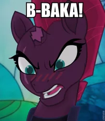 Size: 513x588 | Tagged: safe, derpibooru import, edit, edited screencap, screencap, tempest shadow, pony, unicorn, my little pony: the movie, baka, blushing, broken horn, bust, cute, eye scar, female, horn, image macro, impact font, mare, meme, scar, solo, tempestbetes, tsundere, tsundere shadow