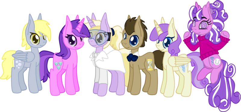 Size: 3334x1558 | Tagged: safe, artist:casanova-mew, derpibooru import, alula, amethyst star, derpy hooves, dinky hooves, doctor whooves, pluto, princess erroria, screwball, time turner, alicorn, earth pony, pegasus, pony, unicorn, alternate hairstyle, bisexual, bowtie, derpball, doctorderpball, doctorderpy, female, goggles, lesbian, male, mare, older, screwhooves, shipping, simple background, stallion, straight, transparent background