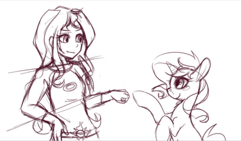 Size: 800x468 | Tagged: safe, artist:phyllismi, derpibooru import, sunset shimmer, pony, equestria girls, legend of everfree, cute, fist bump, hoofbump, human ponidox, looking at each other, self ponidox, shimmerbetes, sketch