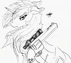 Size: 2862x2557 | Tagged: safe, artist:brainiac, derpibooru import, oc, oc:littlepip, unofficial characters only, pony, unicorn, fallout equestria, fanfic, black and white, clothes, fanfic art, female, floppy ears, glowing horn, grayscale, gun, handgun, horn, ink, inktober, inktober 2017, levitation, little macintosh, magic, mare, monochrome, optical sight, revolver, simple background, solo, telekinesis, traditional art, vault suit, weapon, white background