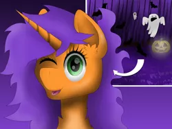 Size: 1024x768 | Tagged: safe, artist:zeronitroman, derpibooru import, oc, oc:pumpkin spice, unofficial characters only, bat, ghost, unicorn, female, halloween, holiday, jack-o-lantern, mane, messy mane, one eye closed, pumpkin, solo, tongue out, wink, zoomed in