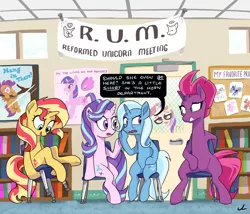 Size: 4200x3600 | Tagged: safe, artist:docwario, derpibooru import, big macintosh, fizzlepop berrytwist, moondancer, princess cadance, princess celestia, princess luna, scootaloo, starlight glimmer, sunset shimmer, tempest shadow, trixie, twilight sparkle, twilight sparkle (alicorn), alicorn, pony, unicorn, my little pony: the movie, anatomically incorrect, broken horn, chair, counterparts, cute, female, filly, fun with acronyms, get, hang in there, hanging, humiliation, implied flurry heart, inconvenient trixie, incorrect leg anatomy, mare, pin the tail on the pony, princess big mac, reformed unicorn meeting, reformed villain, rocking chair, scootaloo can't fly, shaming, shimmerbetes, subtle as a train wreck, this will end in pain, twilight's counterparts