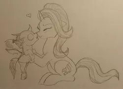 Size: 2627x1903 | Tagged: safe, artist:zigragirl, derpibooru import, starlight glimmer, changeling, nymph, unicorn, baby, eyes closed, female, floppy ears, heart, holding, mare, monochrome, nuzzling, pencil drawing, scrunchy face, simple background, sitting, traditional art