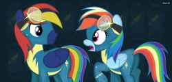 Size: 2250x1080 | Tagged: safe, artist:noah-x3, derpibooru import, rainbow dash, oc, oc:lightning, pegasus, pony, clothes, goggles, male, plot, raised hoof, stallion, uniform, wonderbolts uniform