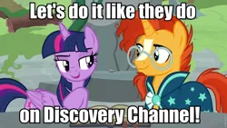 Size: 960x540 | Tagged: safe, derpibooru import, edit, edited screencap, screencap, sunburst, twilight sparkle, twilight sparkle (alicorn), alicorn, pony, unicorn, shadow play, bloodhound gang, caption, female, image macro, implied sex, innuendo, male, mare, meme, out of context, ponehenge, shipping, song reference, stallion, starswirl's book, straight, the bad touch, twiburst