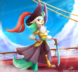 Size: 1871x1742 | Tagged: anthro, artist:the-butch-x, captain celaeno, clothes, cloud, derpibooru import, ear piercing, earring, female, hat, jewelry, looking at you, my little pony: the movie, piercing, pirate, pirate hat, pirate ship, safe, sky, solo, sword, weapon