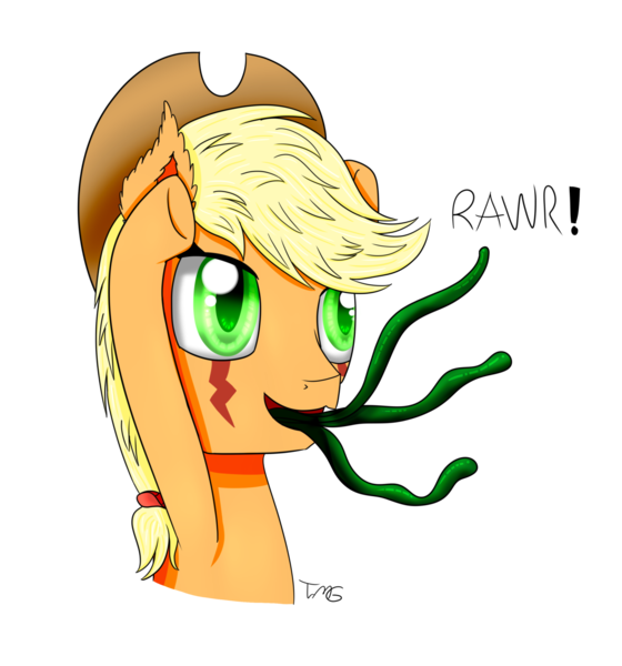 Size: 1280x1371 | Tagged: applejack, artist:tlmoonguardian, derpibooru import, monster pony, original species, safe, simple background, species swap, spoopy, tatzljack, tatzlpony, tentacles, transparent background