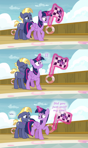 Size: 1481x2500 | Tagged: alicorn, butt sniffing, comic, derpibooru import, edit, edited screencap, fetish, flag, olfactophilia, once upon a zeppelin, personal space invasion, screencap, star tracker, suggestive, twilight sparkle, twilight sparkle (alicorn)