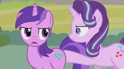 Size: 1366x768 | Tagged: safe, artist:forgalorga, derpibooru import, amethyst star, starlight glimmer, pony, unicorn, butt boop, butt touch, dat butt, duo, duo female, female, hoof on butt, meme, out of context, personal space invasion, serious, serious face, unamused, wtf face