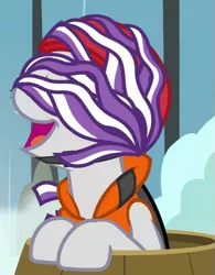 Size: 423x543 | Tagged: safe, derpibooru import, screencap, twilight velvet, pony, once upon a zeppelin, barrel, cropped, cute, helmet, lifejacket, majestic as fuck, neighagra falls, silly, silly pony, solo, velvetbetes, wet mane