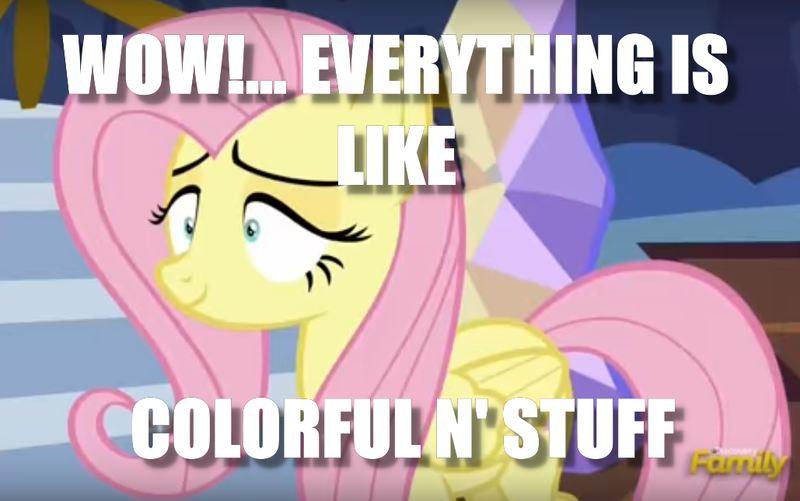 Size: 1029x645 | Tagged: derpibooru import, edit, edited screencap, every little thing she does, flutterhigh, fluttershy, high, image macro, implied drug use, meme, safe, screencap