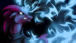 Size: 1920x1080 | Tagged: safe, artist:pokemonka225dw, derpibooru import, tempest shadow, pony, unicorn, my little pony: the movie, armor, black background, broken horn, electricity, electricity magic, eye scar, female, gritted teeth, horn, lightning, magic, mare, scar, signature, simple background, solo, sparking horn, wallpaper