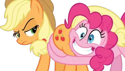 Size: 2000x1138 | Tagged: safe, artist:phucknuckl, derpibooru import, edit, edited screencap, screencap, applejack, pinkie pie, earth pony, pony, shadow play, applebutt, applejack is not amused, big grin, butt touch, butthug, cowboy hat, duo, faceful of ass, female, freckles, grin, hat, hug, looking back, mare, pinkie hugging applejack's butt, simple background, smiling, stetson, the ass was fat, transparent background, unamused, vector