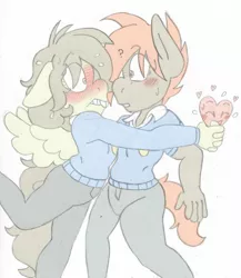 Size: 1645x1893 | Tagged: anthro, artist:blackbewhite2k7, awkward moment, blushing, button mash, clothes, derpibooru import, feathermash, featherweight, femboy, gay, heart, in a heartbeat, male, safe, school uniform, shipping, trap