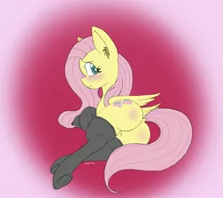 Size: 3316x2960 | Tagged: suggestive, artist:steelsoul, derpibooru import, fluttershy, pegasus, pony, adorasexy, blushing, clothes, cute, dock, flutterbutt, looking at you, looking back, plot, sexy, shyabetes, socks, stockings, stupid sexy fluttershy, thigh highs, underhoof