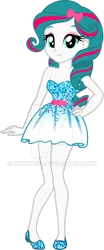 Size: 400x965 | Tagged: safe, artist:nstone53, derpibooru import, oc, oc:pinkie rose, unofficial characters only, equestria girls, bow, clothes, curly hair, dress, equestria girls-ified, female, hair bow, hand on hip, looking at you, pose, sequins, shoes, simple background, smiling, solo, transparent background, watermark