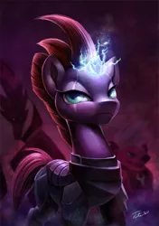 Size: 843x1200 | Tagged: safe, artist:tsitra360, derpibooru import, grubber, tempest shadow, pony, unicorn, my little pony: the movie, armor, broken horn, eye scar, female, frown, glare, glow, glowing horn, horn, lidded eyes, lightning, looking at you, magic, mare, open mouth, scar, smiling, smirk, solo focus, sparking horn, tempest shadow is not amused, unamused