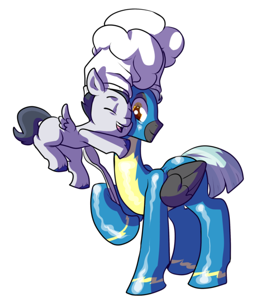 Size: 2100x2538 | Tagged: safe, artist:heyerika, derpibooru import, rumble, thunderlane, pegasus, pony, marks and recreation, brothers, chef's hat, clothes, colt, cute, duo, eyes closed, hat, hug, male, simple background, smiling, stallion, transparent background, uniform, wonderbolts uniform