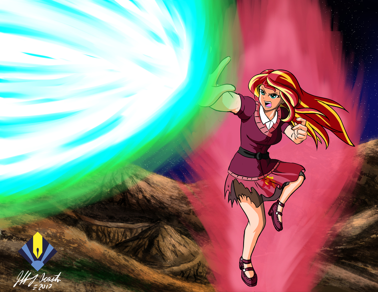 Size: 3850x2975 | Tagged: artist:penspark, clothes, commission, crossover, derpibooru import, dragon ball, dragon ball z, human, humanized, kaio-ken, kamehameha, one-handed kamehameha, safe, solo, sunset shimmer