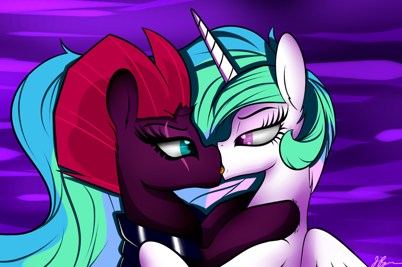 Size: 3000x2000 | Tagged: suggestive, artist:wilshirewolf, derpibooru import, fizzlepop berrytwist, princess celestia, tempest shadow, alicorn, pony, unicorn, my little pony: the movie, abstract background, broken horn, eye scar, female, fluffy, french kiss, high res, hug, kissing, lesbian, lidded eyes, looking at each other, mare, neck fluff, scar, shipping, tempestia, tongue out