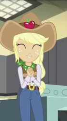 Size: 252x450 | Tagged: safe, derpibooru import, screencap, applejack, dance magic, equestria girls, spoiler:eqg specials, belt, belt buckle, clothes, cowboy hat, cowgirl, cropped, cute, eyes closed, hat, jackabetes, jeans, pants, smiling, solo, stetson