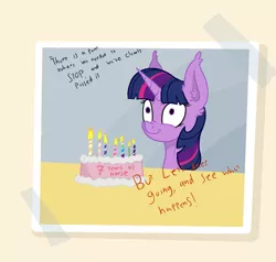 Size: 1737x1657 | Tagged: safe, artist:paskanaakka, derpibooru import, twilight sparkle, unicorn, :t, cake, candle, ear fluff, empty eyes, female, food, happy birthday mlp:fim, mare, meme, mlp fim's seventh anniversary, no catchlights, nose wrinkle, smiling, solo, spilled milk, wide eyes